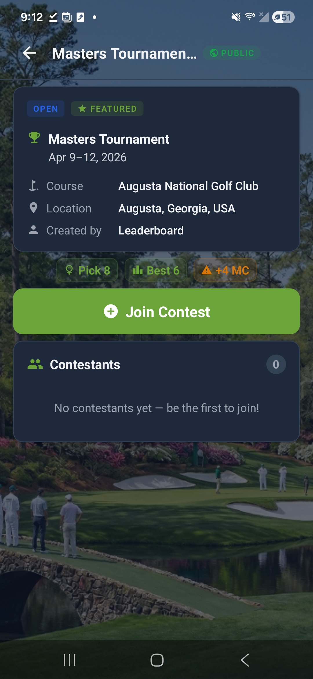 Leaderboard Fantasy on Android — the Masters Tournament contest detail with Augusta National in the background.