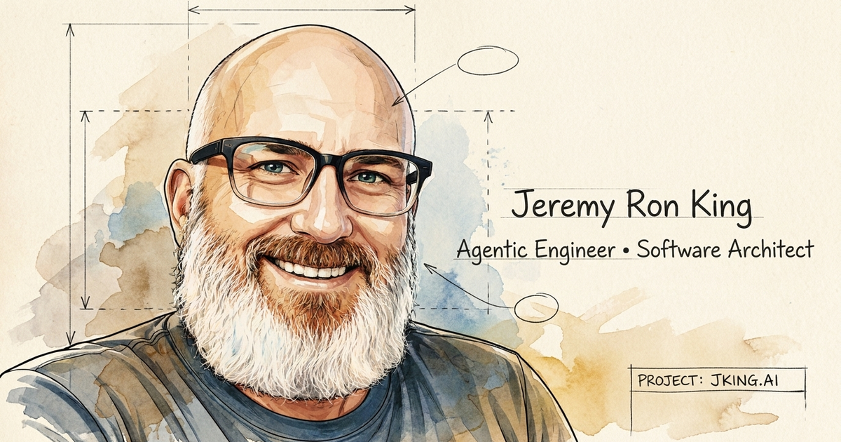 Illustrated business card: Jeremy Ron King — Agentic Engineer, Software Architect